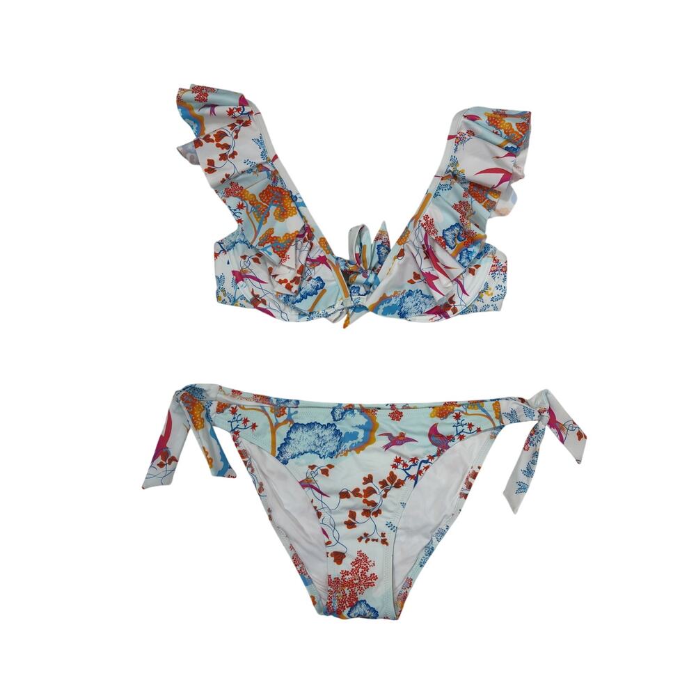 Vilebrequin Bikini Womens Medium Blue Underwire Ruffle Straps Bird Floral Print